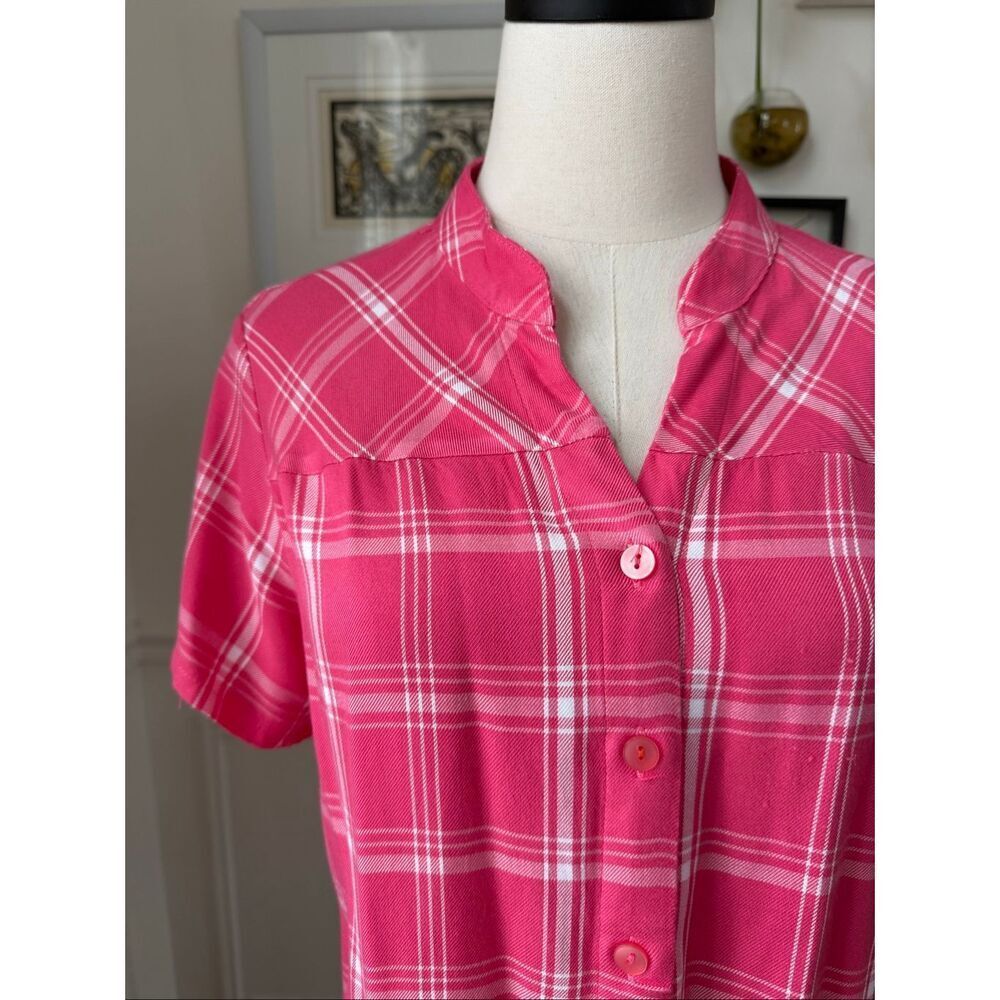 Joan Rivers Pink White Plaid Band Collar Short Sleeve Button Up M
